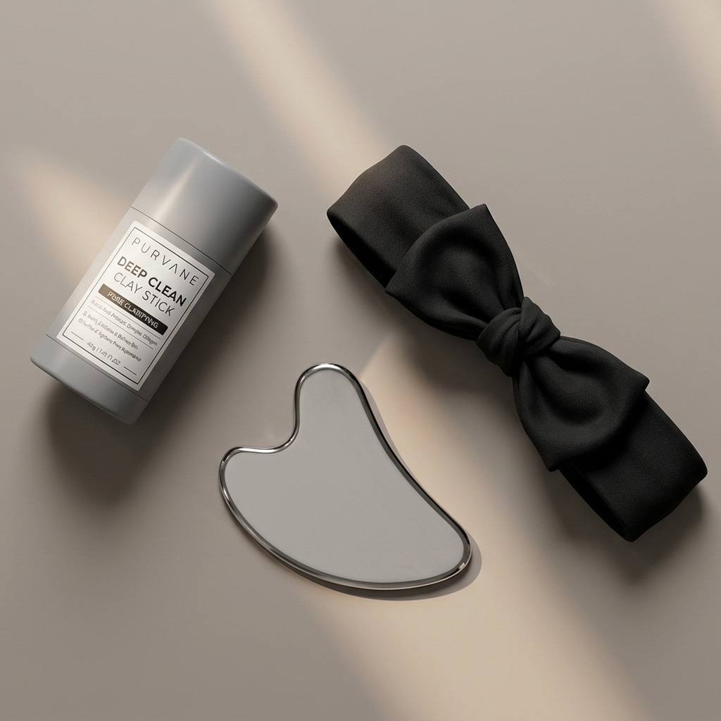 Purvane Ritual Kit — clay stick, silver gua sha and black spa headband